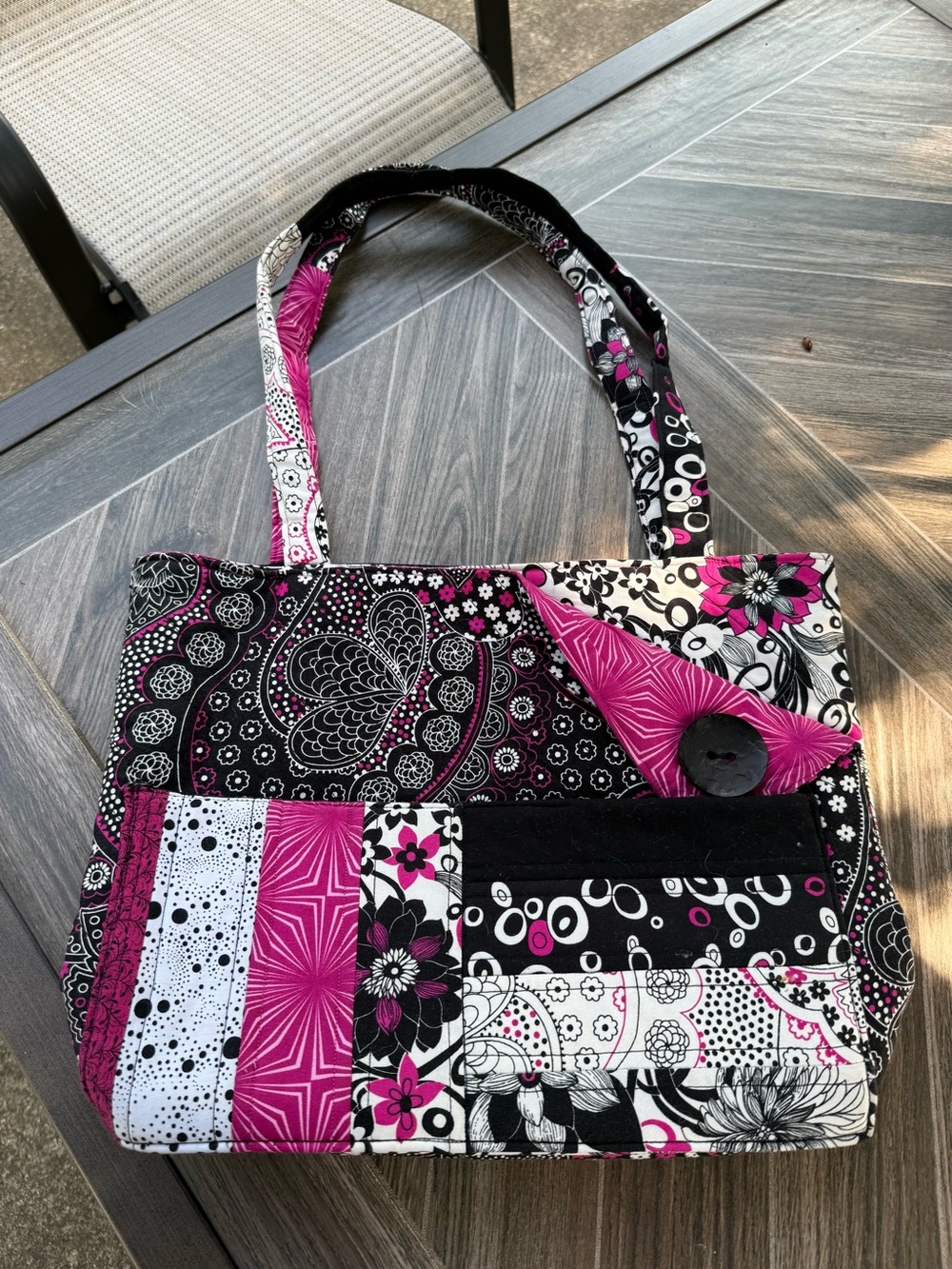 Hand Crafted Quilted Patchwork Tote Bag in Black, White & Fuchsia